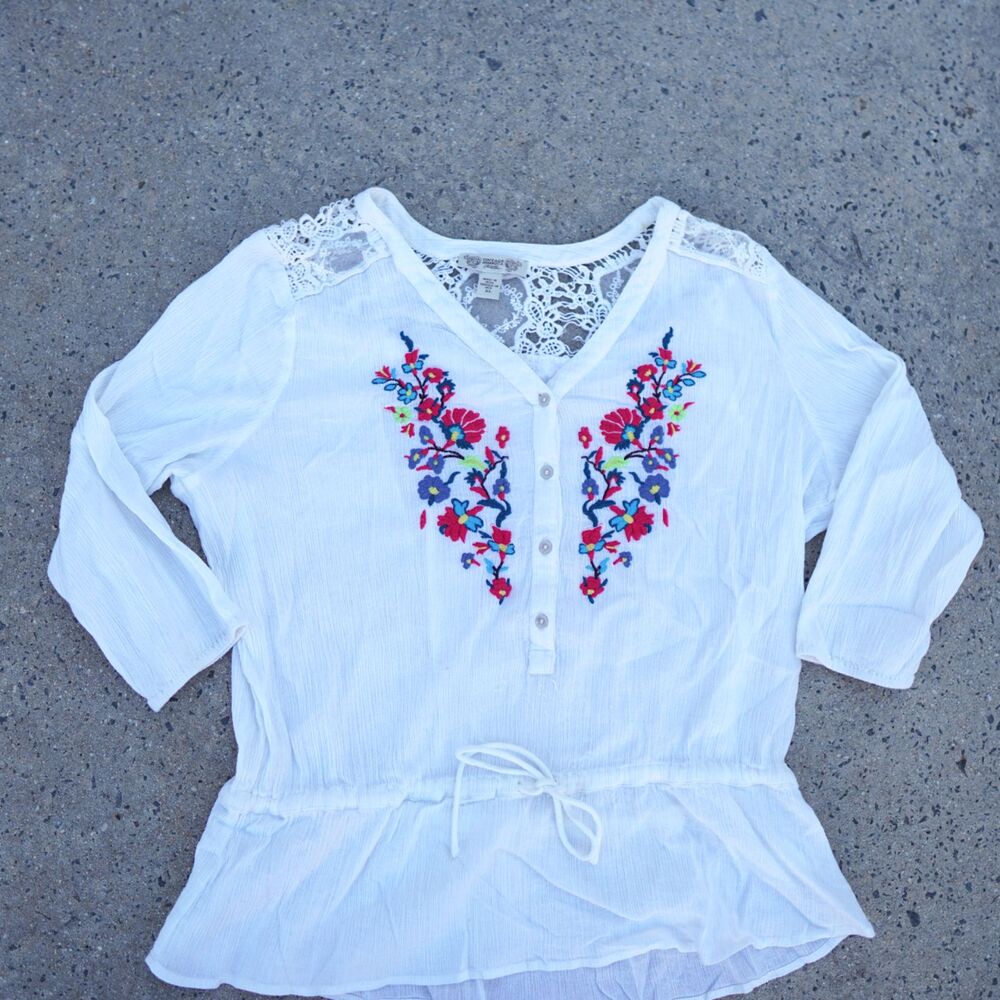 Embroidered Boho Top XL Ivory Lace Drawstring Cottagecore Cotton Tunic Blouse